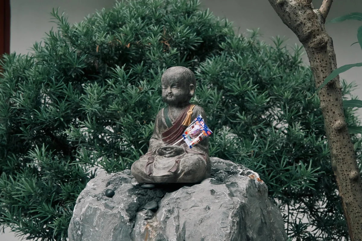 绿叶围着石头上的小造像。